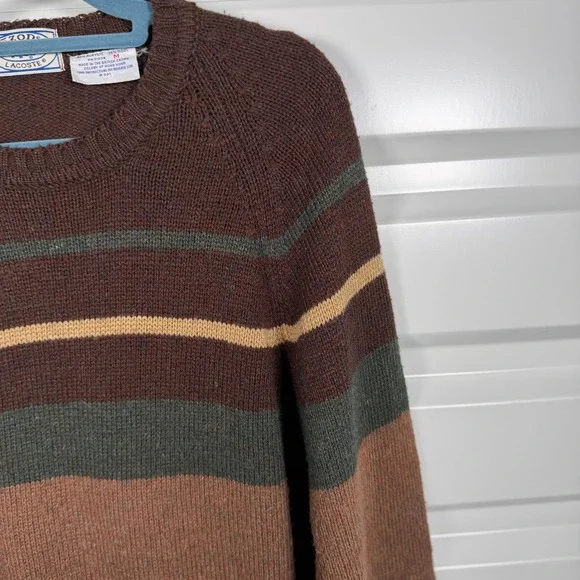 IZOD Lacoste Men's Striped Crew Neck Sweater Brown Green Tan Size M - Picture 2 of 4